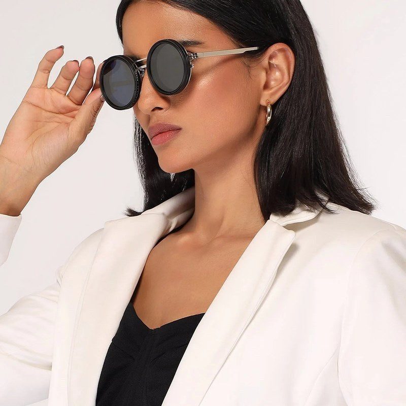 APERTURE Silver & Black Large Full Rim Round Sunglasses for Men & Women — Hashtag Eyewears