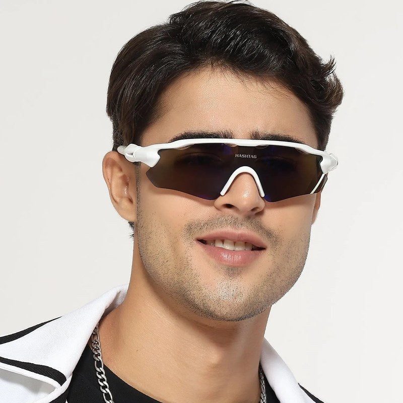 Chronos White Medium Half Rim Shield Sports Sunglasses for Men & Women — Hashtag Eyewears