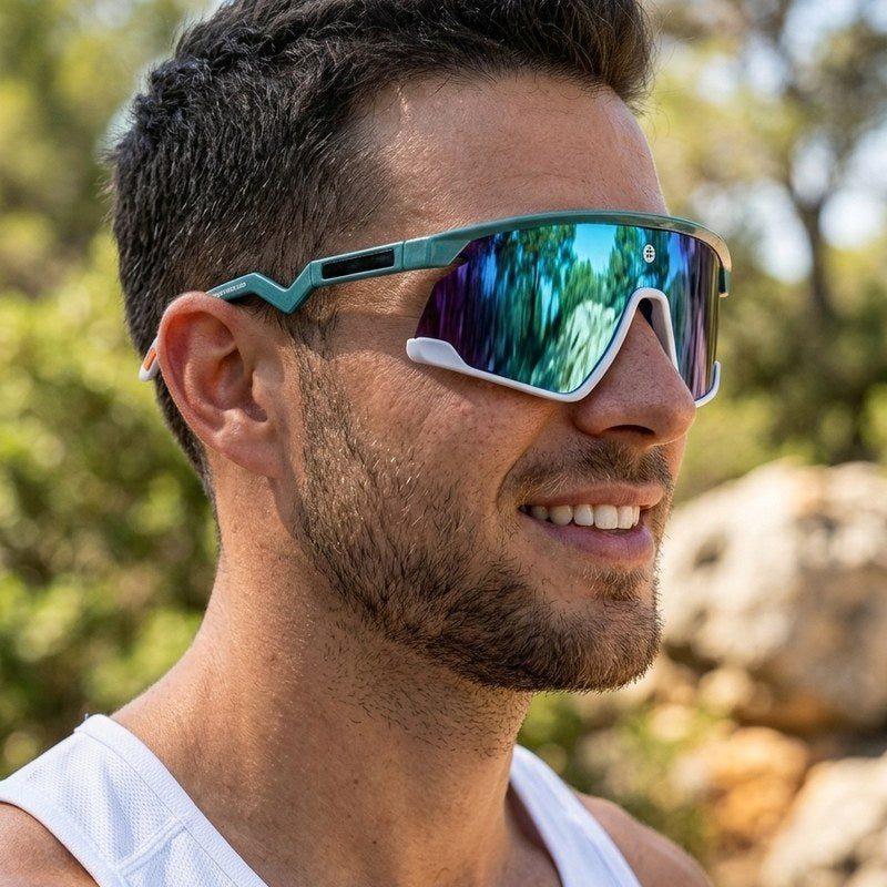 Eaga Mate Green & Grey Large Half Rim Shield Sports Sunglasses for Men & Women — Hashtag Eyewears