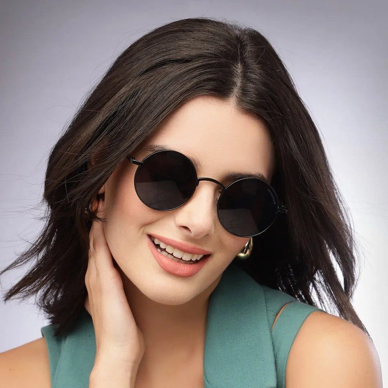 Ionara | Black Medium Full Rim Round Sunglasses for Men & Women [UV-pr