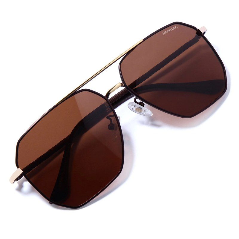 Lenis Golden & Brown Large Full Rim Hexagonal Sunglasses for Men & Women — Hashtag Eyewears
