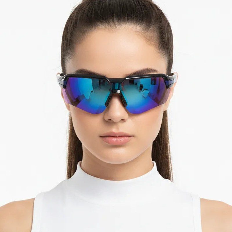 Lumina Black/Blue Large Half Rim Shield Sports Sunglasses for Men & Women — Hashtag Eyewears