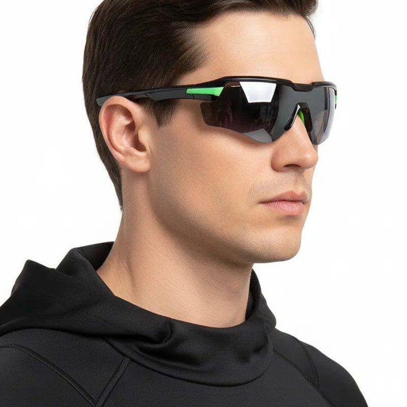 Lumina Black/Green Large Half Rim Shield Sports Sunglasses for Men & Women — Hashtag Eyewears