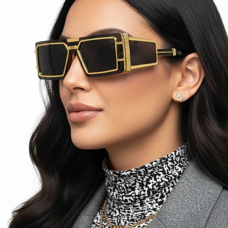 Lythara Golden & Black Medium Full Rim Rectangle Sunglasses for Men & Women — Hashtag Eyewears