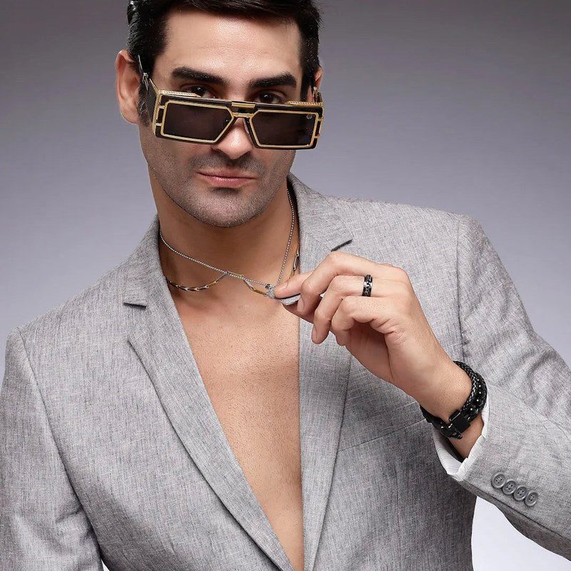 Lythara Golden & Black Medium Full Rim Rectangle Sunglasses for Men & Women — Hashtag Eyewears