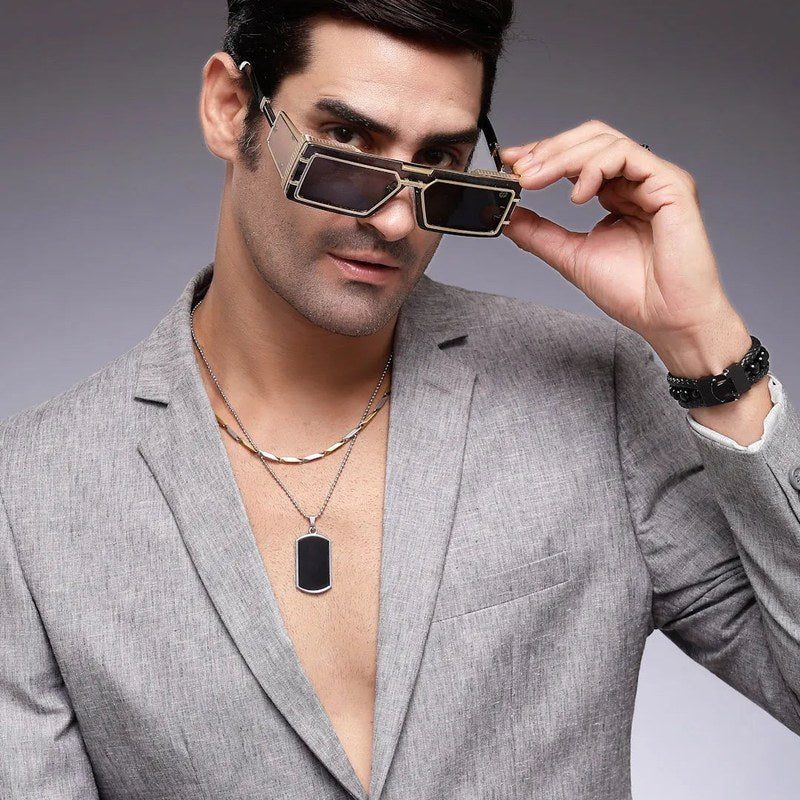 Lythara Light Golden & Black Medium Full Rim Rectangle Sunglasses for Men & Women — Hashtag Eyewears
