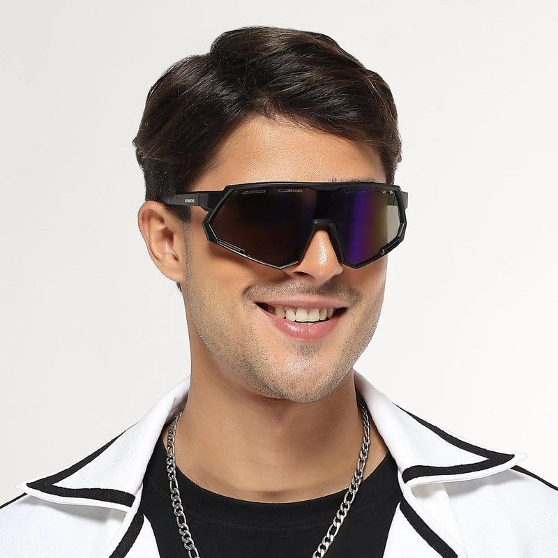 Myrion Black/Blue Medium Full Rim Shield Sports Sunglasses for Men & Women — Hashtag Eyewears