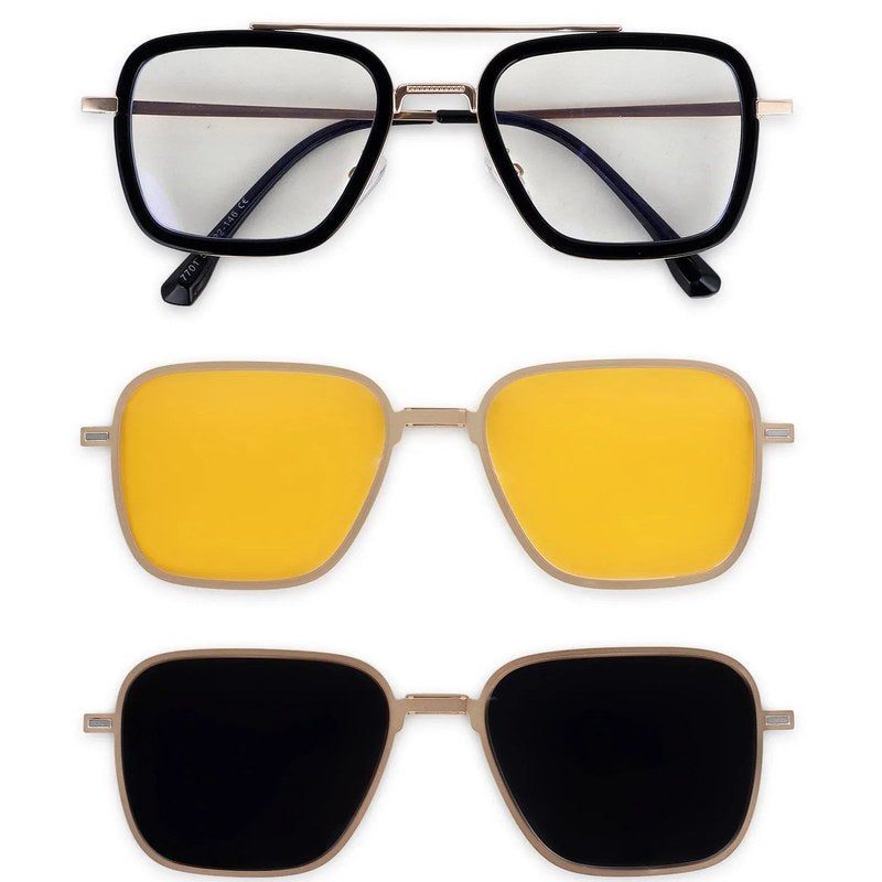 Novaic Golden & Black Medium Full Rim Rectangle Clip-on for Men & Women — Hashtag Eyewears