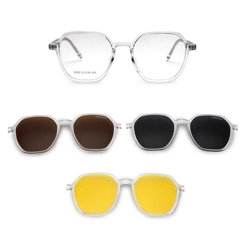 Nymora Transparent Medium Full Rim Hexagonal Clip-on for Men — Hashtag Eyewears