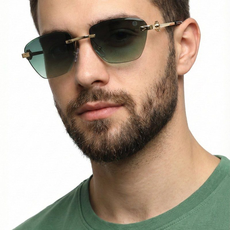 Pyrion Green Medium Rim Less Rectangle Sunglasses for Men — Hashtag Eyewears