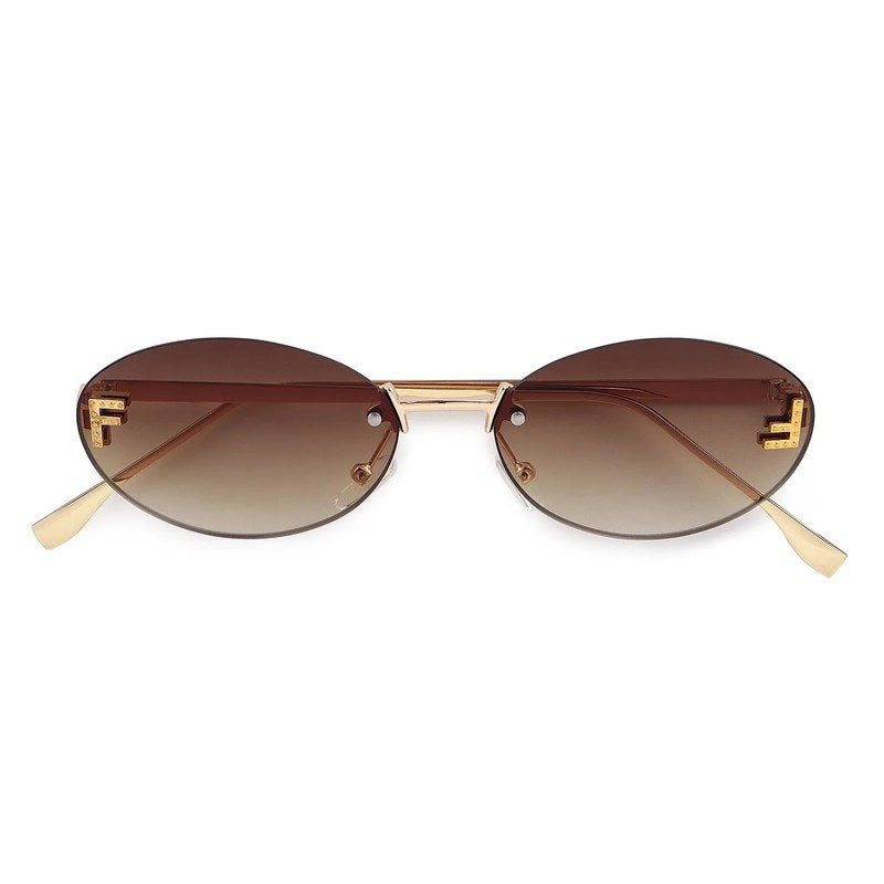 Quasar Gradient Brown & Yellow Small Rim Less Oval Sunglasses for Women — Hashtag Eyewears