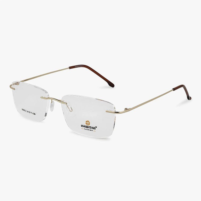 Thin Line Gold Medium Rim Less Rectangle Eyeglasses for Unisex — Hashtag Eyewears
