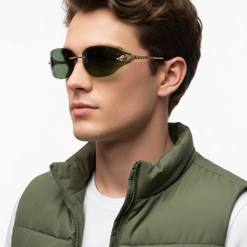 Valtrix Green Medium Rim Less Oval Sunglasses for Men — Hashtag Eyewears