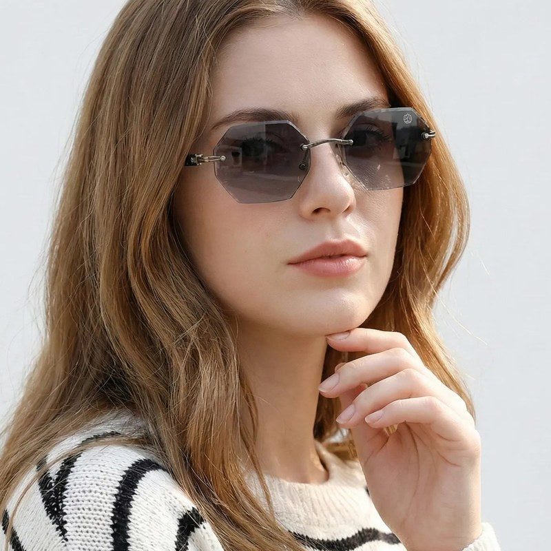 VisionVogue Grey Medium Rim Less Hexagonal Sunglasses for Men & Women — Hashtag Eyewears