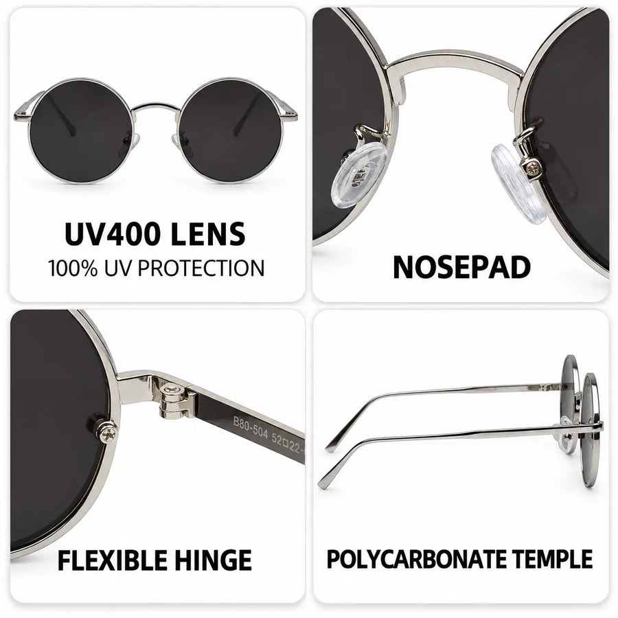 Ionara | Silver-Black Medium Full Rim Round Sunglasses for Men & Women [UV-protected]