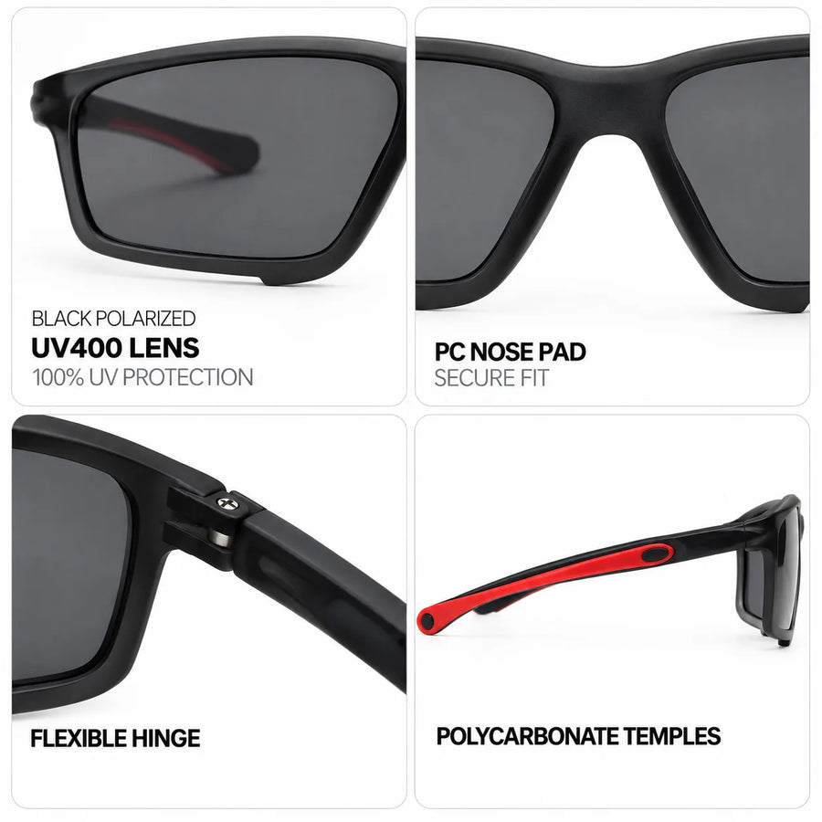 H2R | Black Medium Full Rim Rectangle Sports Sunglasses for Men & Women [Polarized]