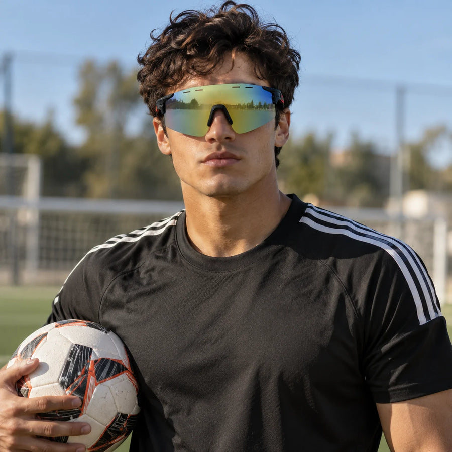 Auryon | Dotted Blue & Black & Red Large Rim Less Shield Sports Sunglasses for Men & Women [UV-protected]