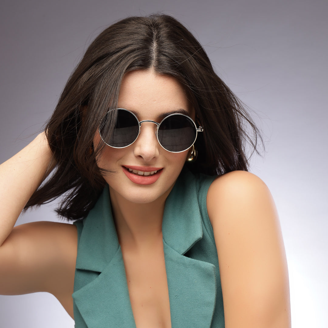 Ionara | Silver-Black Medium Full Rim Round Sunglasses for Men & Women [UV-protected]