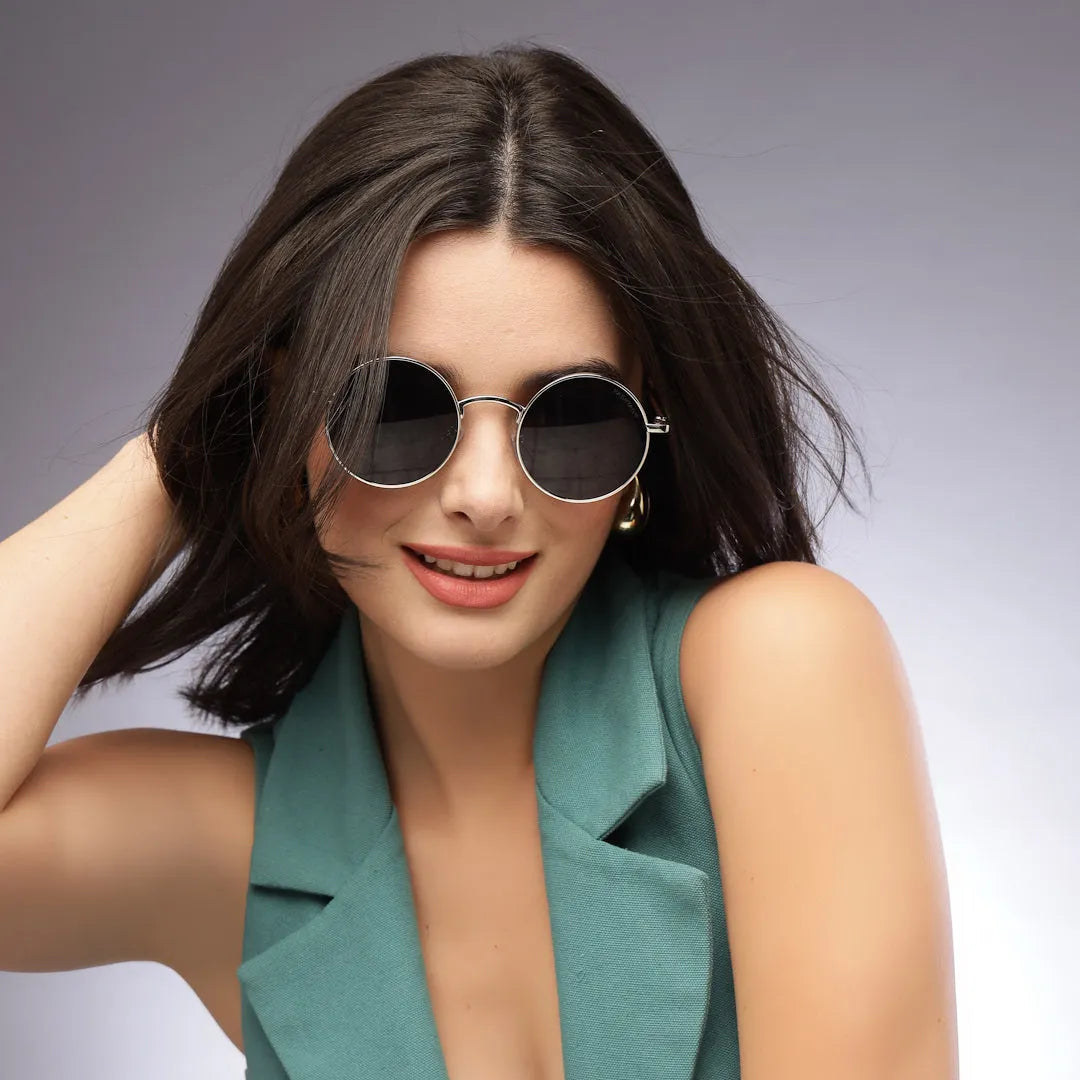 Ionara | Silver-Black Medium Full Rim Round Sunglasses for Men & Women [UV-protected]
