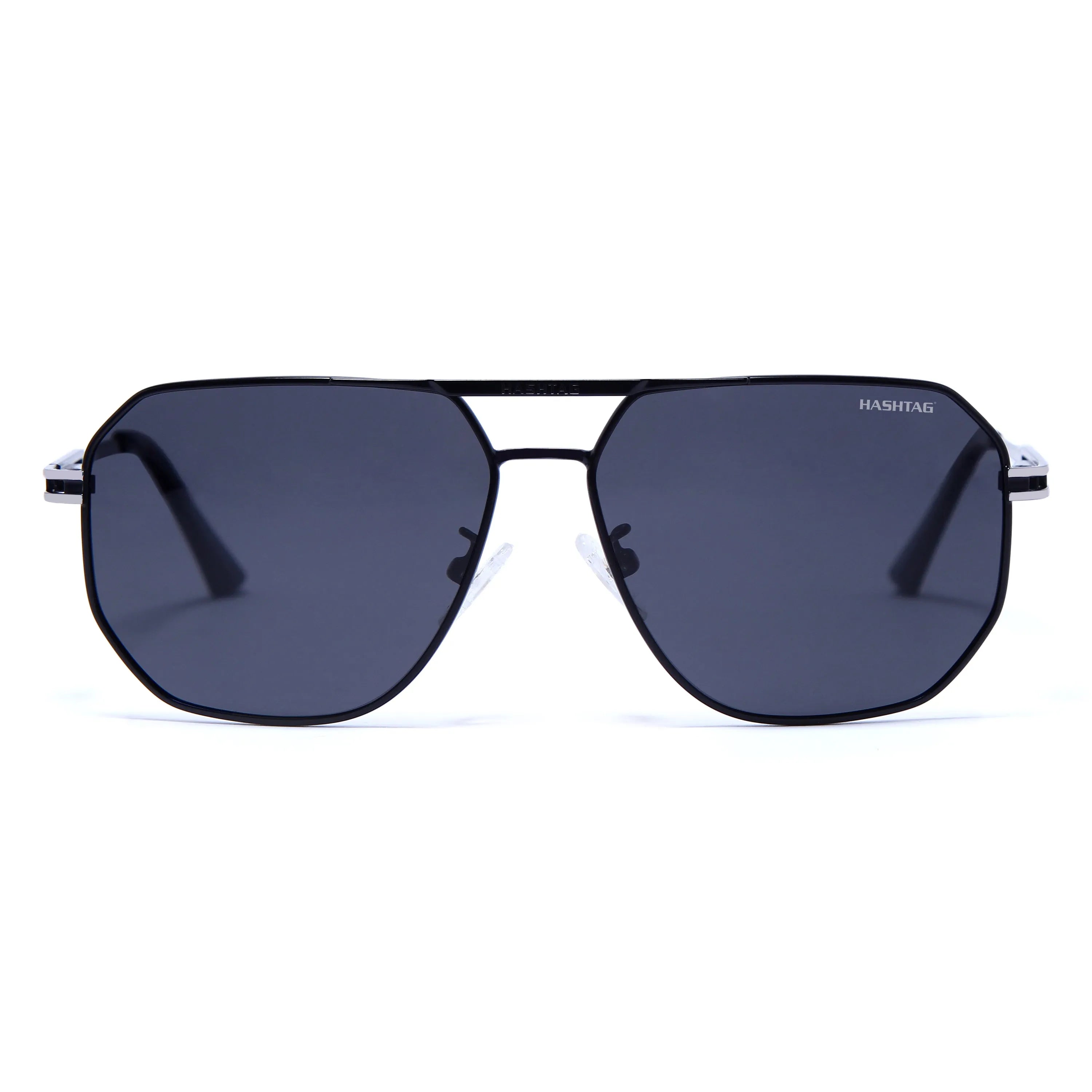 Sion | Silver & Black Medium Full Rim Haxagonal Sunglasses for Men & Women [Polarized]