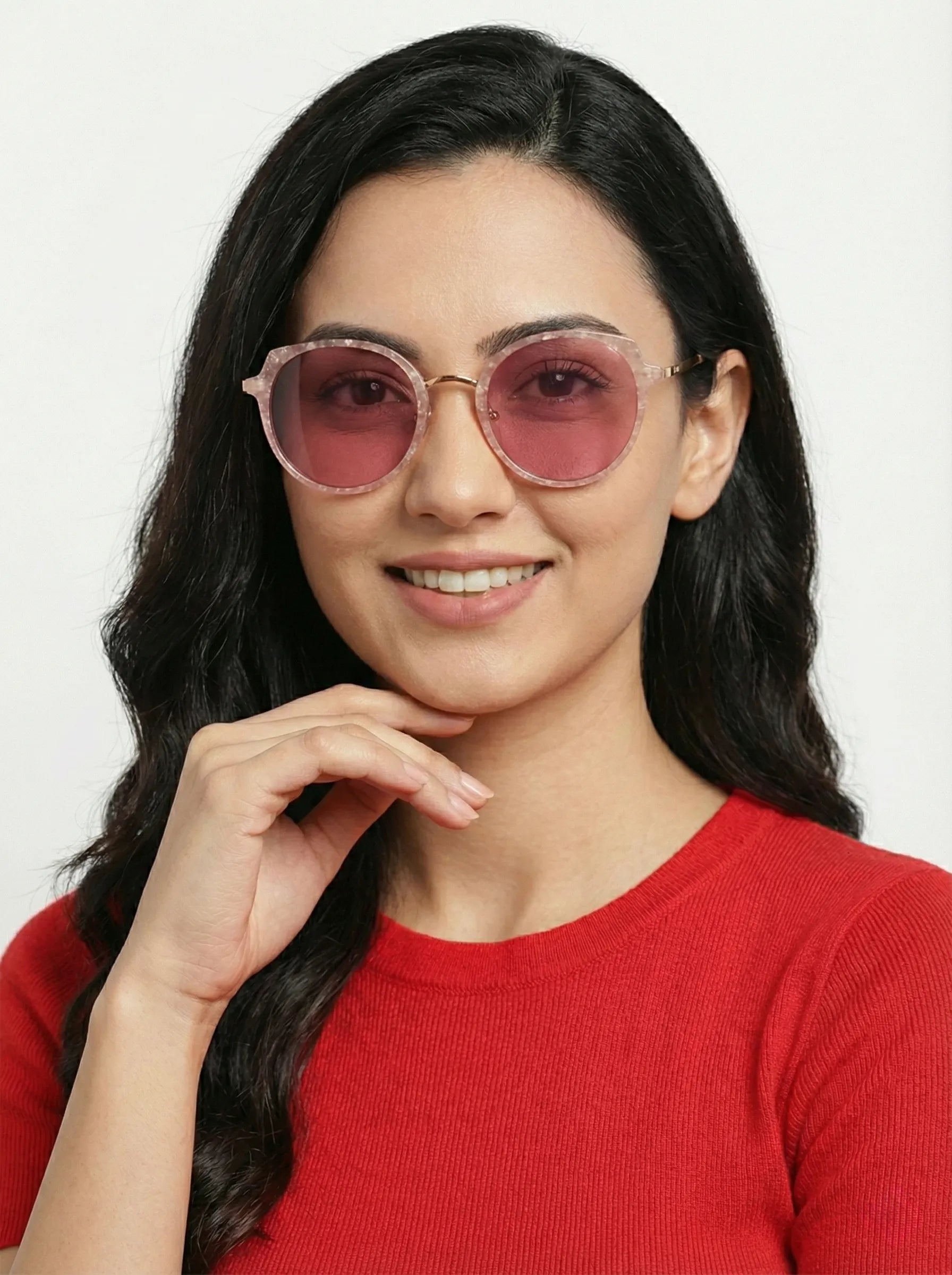 Photogrey | Texture Pink & Golden Medium Full Rim Round Sunglasses for Men & Women [Photochromic]