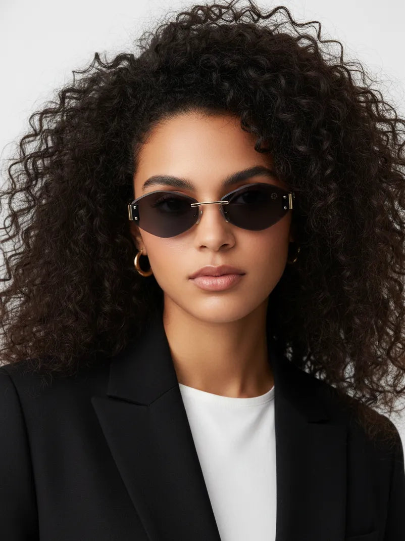 SEVA | Golden Black Medium Rim Less Diamond with Lock Side Hinges Sunglasses for Men & Women [UV-protected]