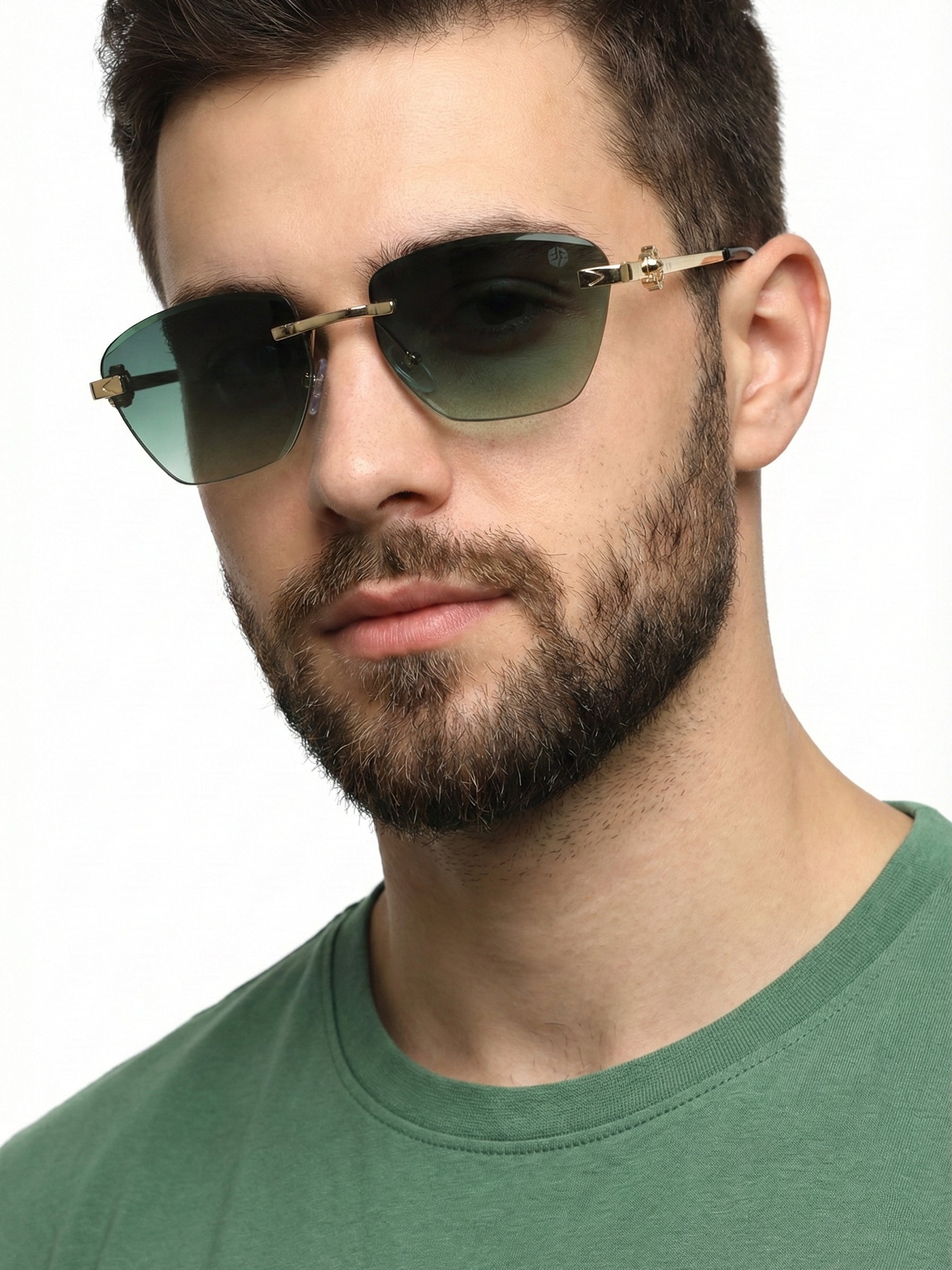 Pyrion | Green Medium Rim Less Rectangle Sunglasses for Men [UV-protected]