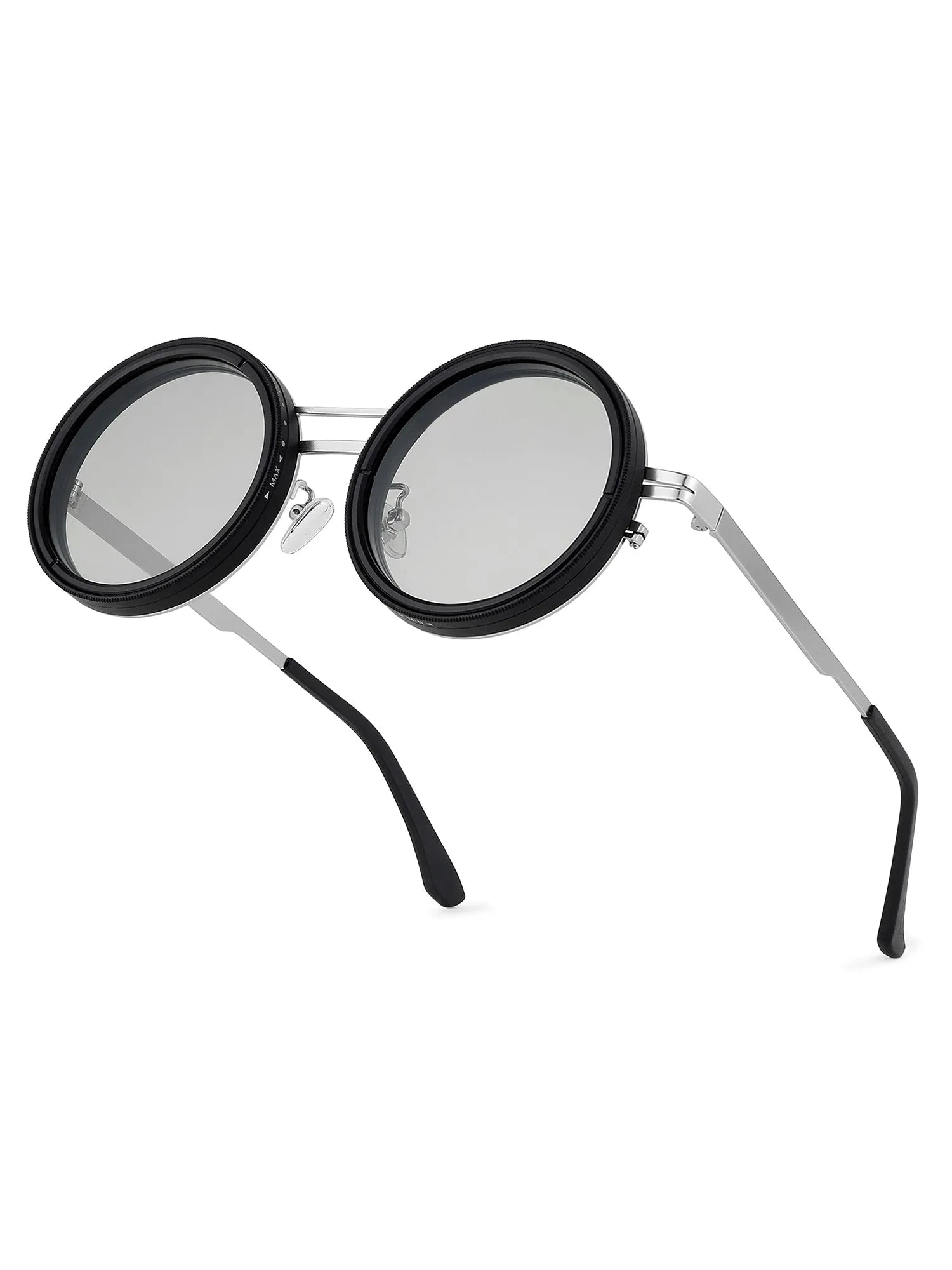 APERTURE | Silver & Black Large Full Rim Round Sunglasses for Men & Women [Tint Adjustable]