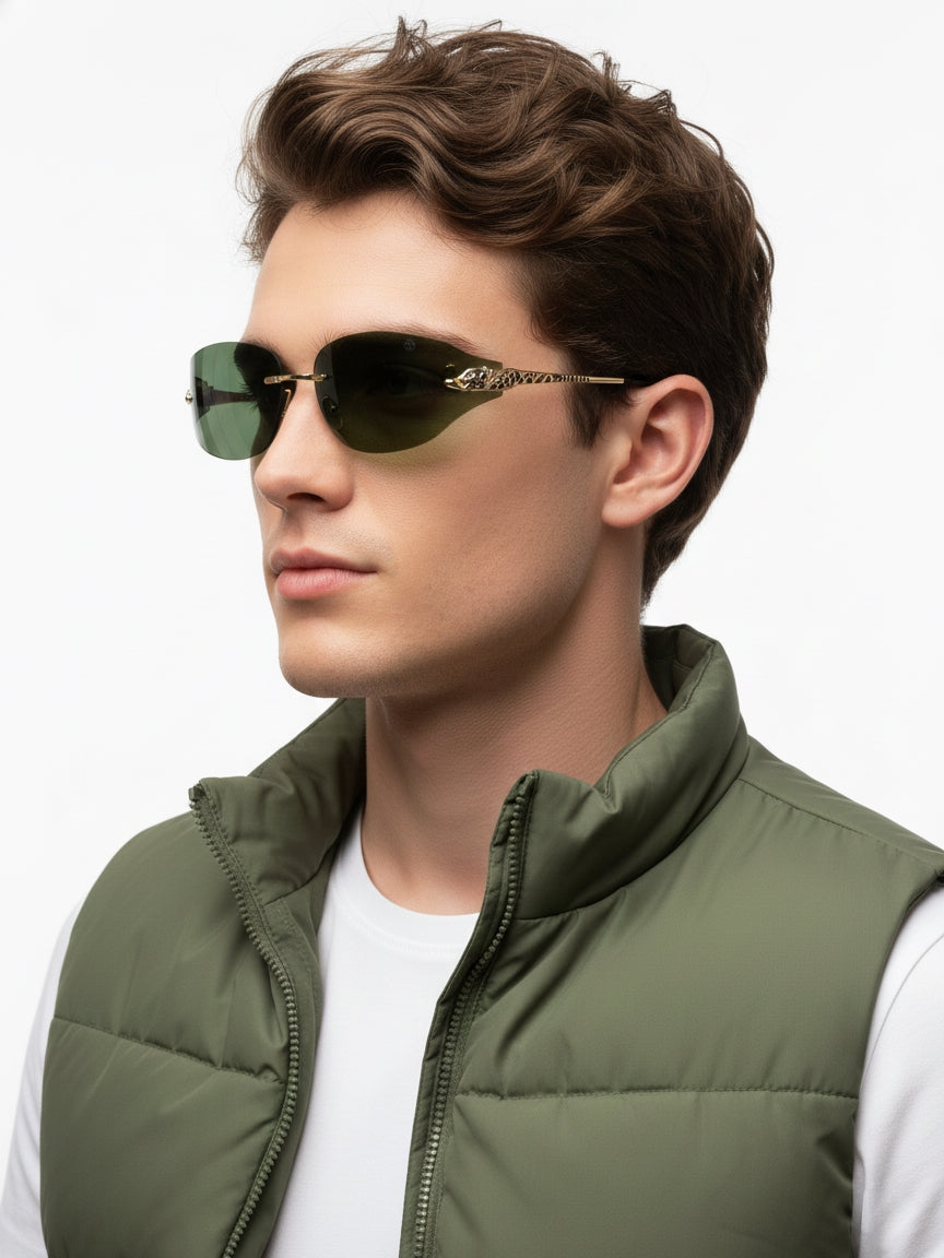 Valtrix | Green Medium Rim Less Oval Sunglasses for Men [UV-protected]