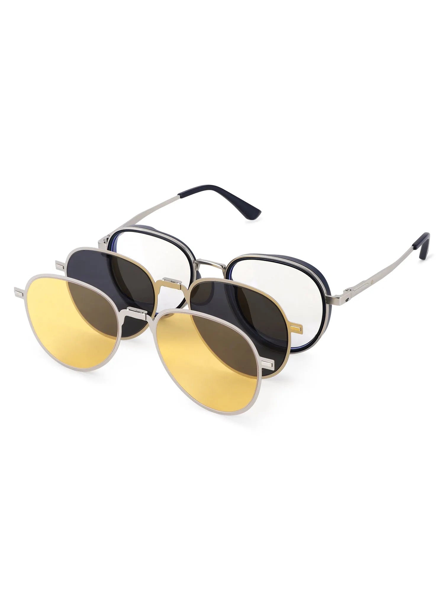 Caelium | Silver & Black Large Full Rim Aviator Clip-on for Men & Women [UV-protected]