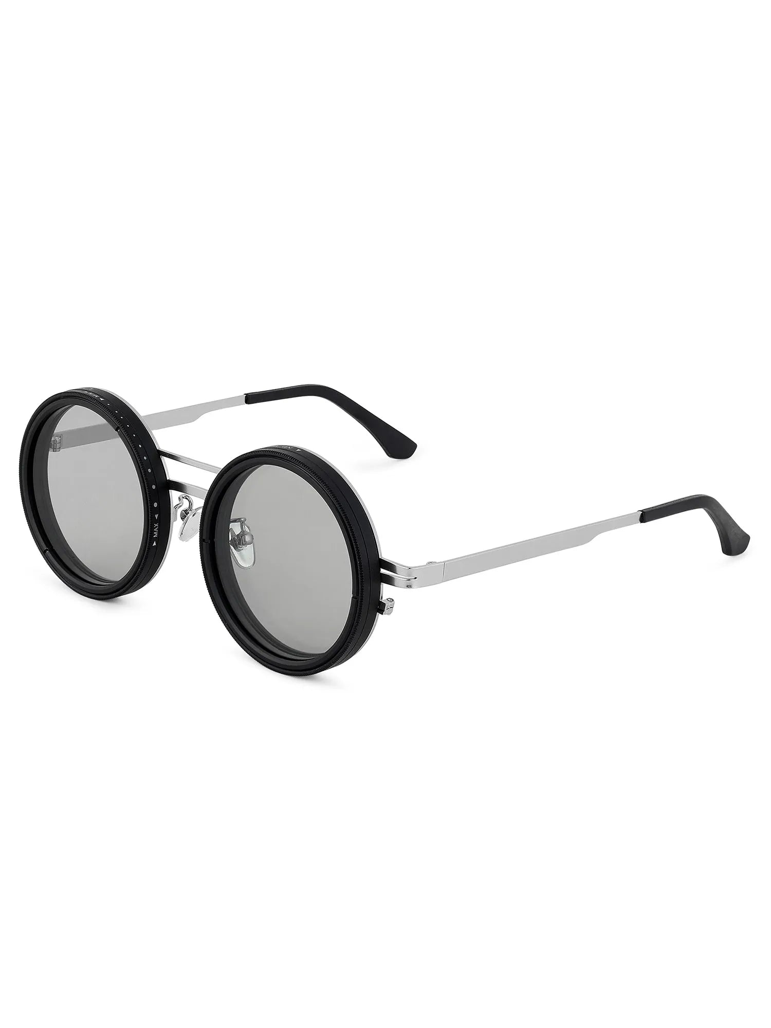 APERTURE | Silver & Black Large Full Rim Round Sunglasses for Men & Women [Tint Adjustable]