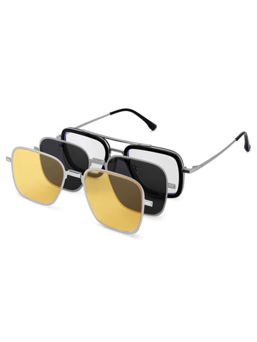 Novaic | Silver & Black Medium Full Rim Rectangle Clip-on for Men & Women [UV-protected]