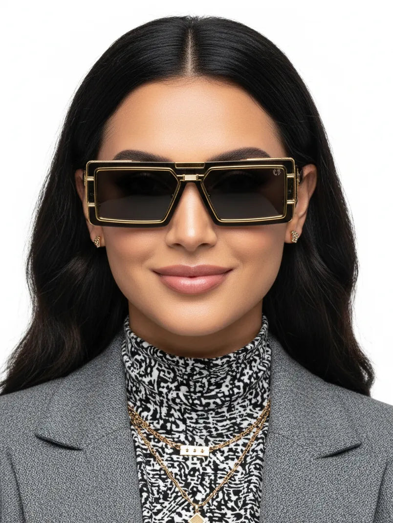 Lythara | Golden & Black Medium Full Rim Rectangle Sunglasses for Men & Women [UV-protected]