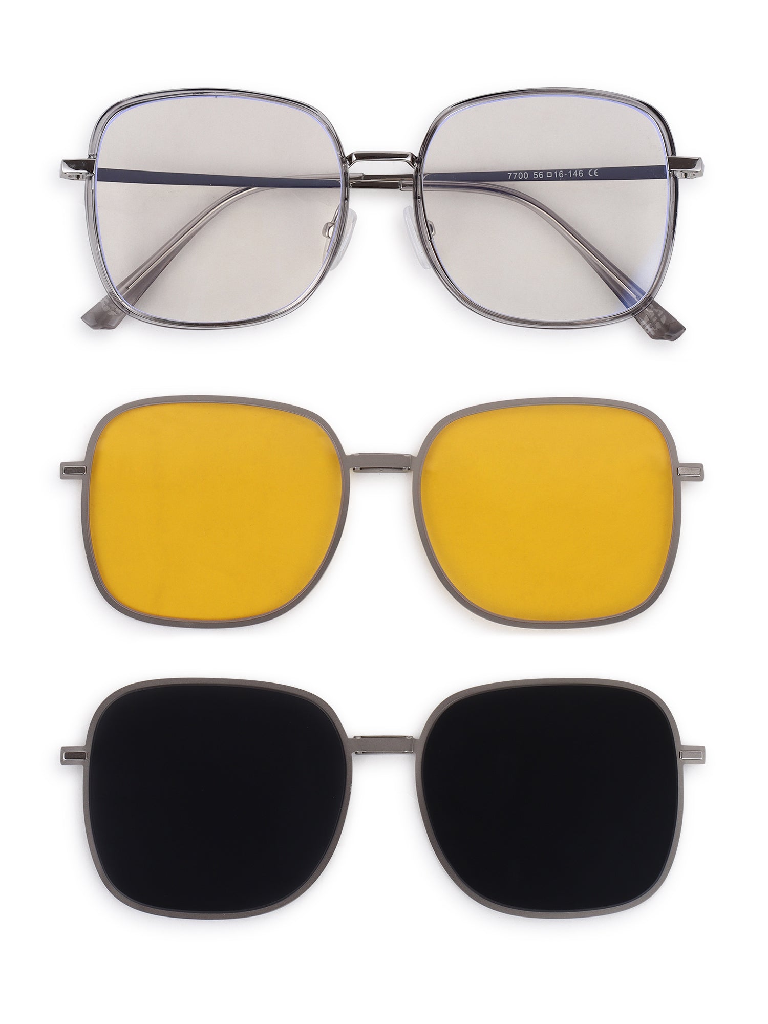 Duskra | Silver & Transparent Grey Large Full Rim Square Clip-on for Men & Women [UV-protected]