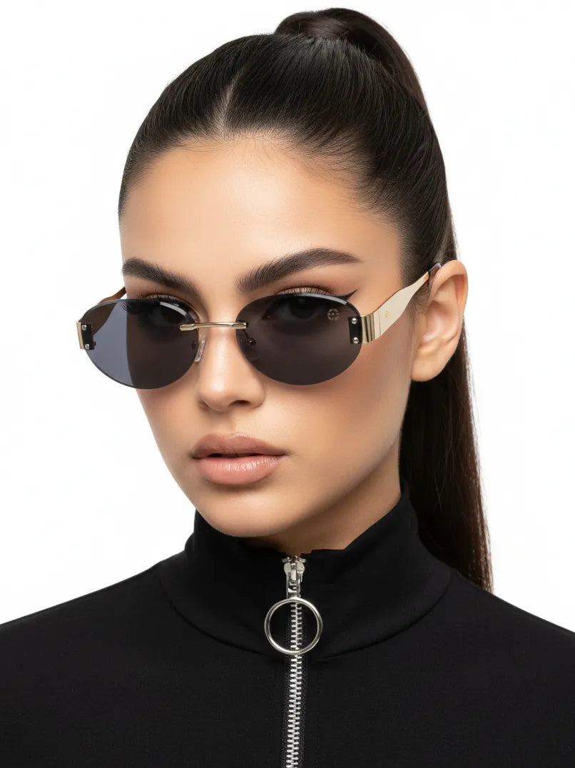 Kitto | Black Medium Rim Less Oval Sunglasses for Men & Women [UV-protected]