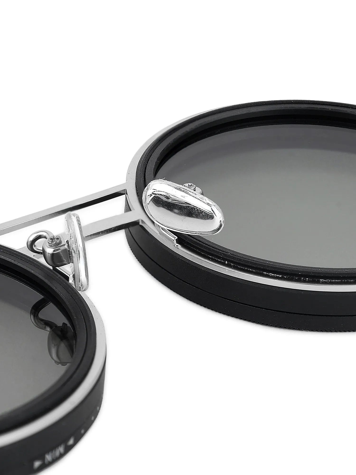 APERTURE | Silver & Black Large Full Rim Round Sunglasses for Men & Women [Tint Adjustable]