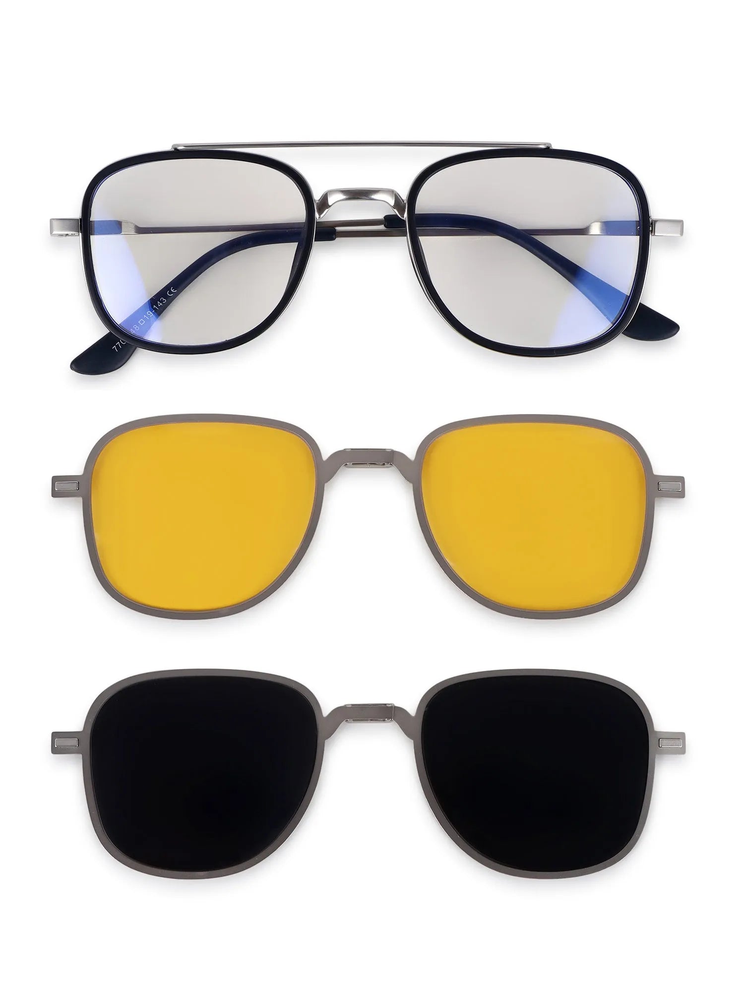 Grexar | Silver & Black Medium Full Rim Square Clip-on for Men & Women [UV-protected]