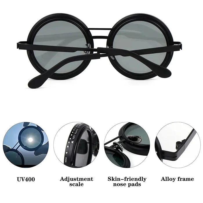 APERTURE | Black Large Full Rim Round Sunglasses for Men & Women [Tint Adjustable]