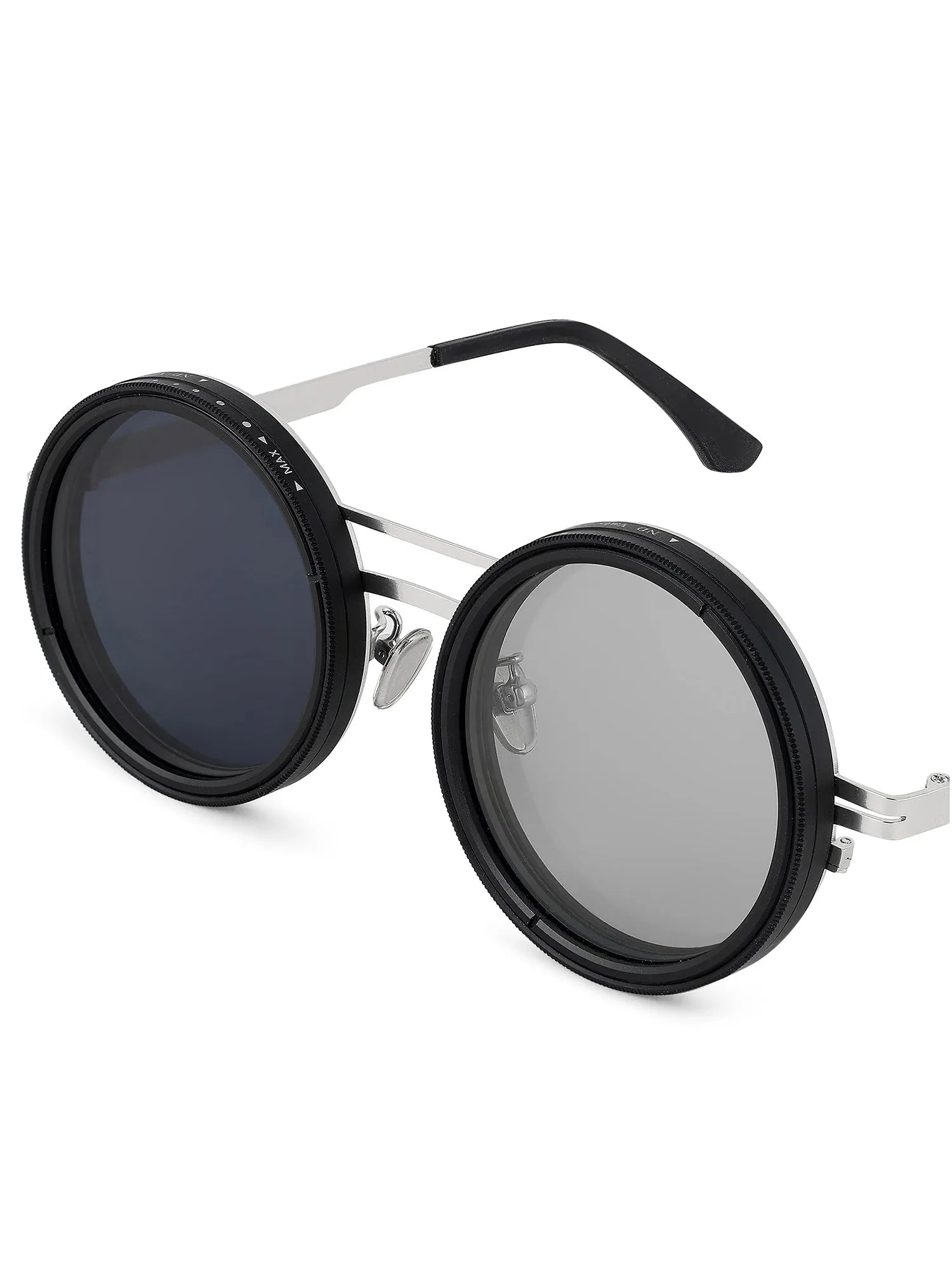 APERTURE | Silver & Black Large Full Rim Round Sunglasses for Men & Women [Tint Adjustable]