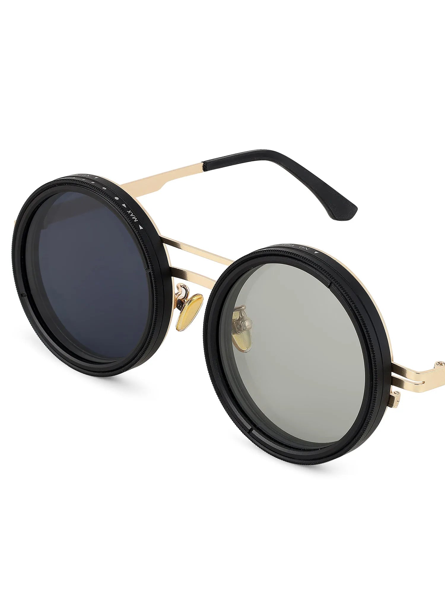APERTURE | Golden & Black Large Full Rim Round Sunglasses for Men & Women [Tint Adjustable]