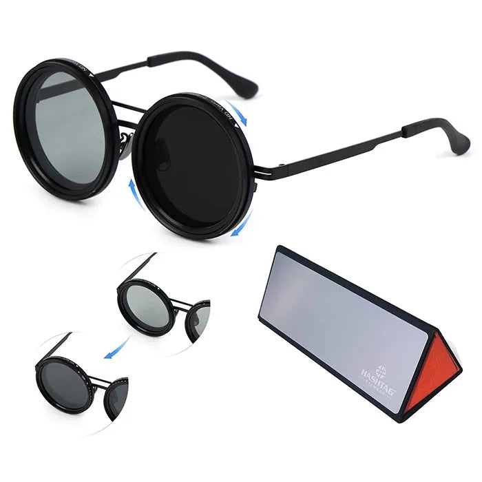 APERTURE | Black Large Full Rim Round Sunglasses for Men & Women [Tint Adjustable]