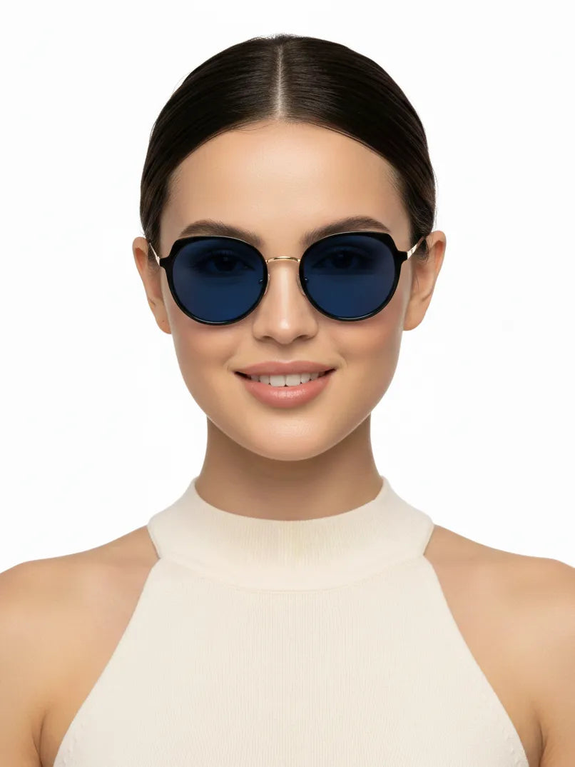 Photogrey | Black & Golden Medium Full Rim Round Sunglasses for Men & Women [Photochromic]