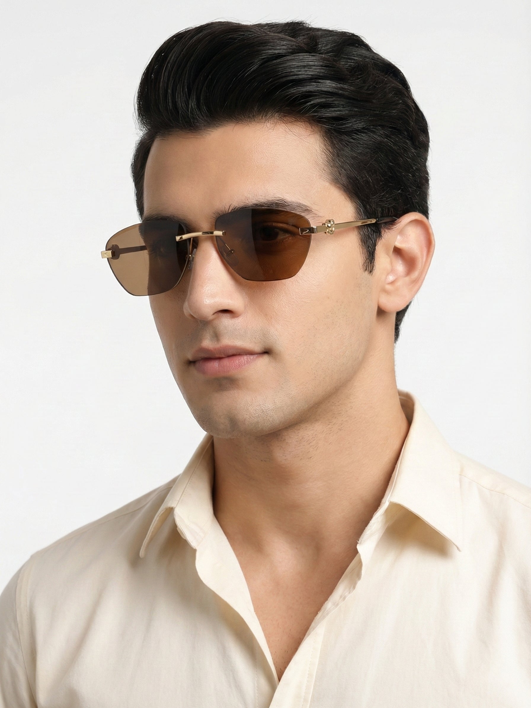 Pyrion | Brown Medium Rim Less Rectangle Sunglasses for Men [UV-protected]