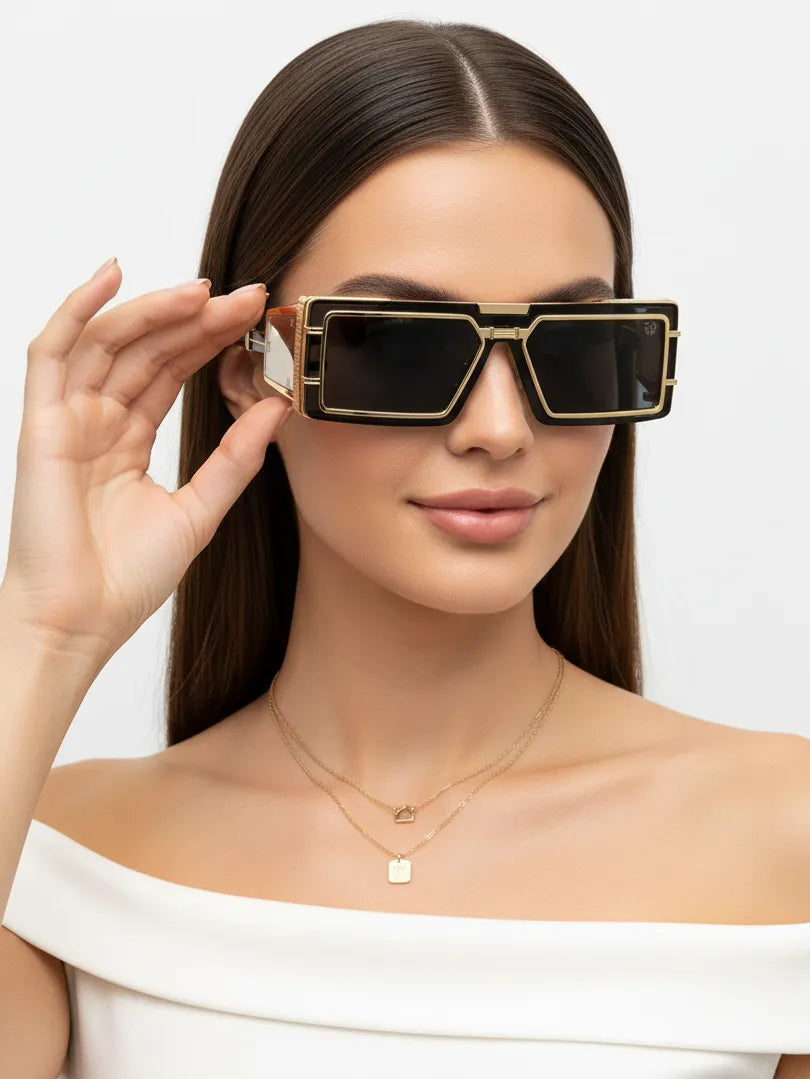 Lythara | Light Golden & Black Medium Full Rim Rectangle Sunglasses for Men & Women [UV-protected]