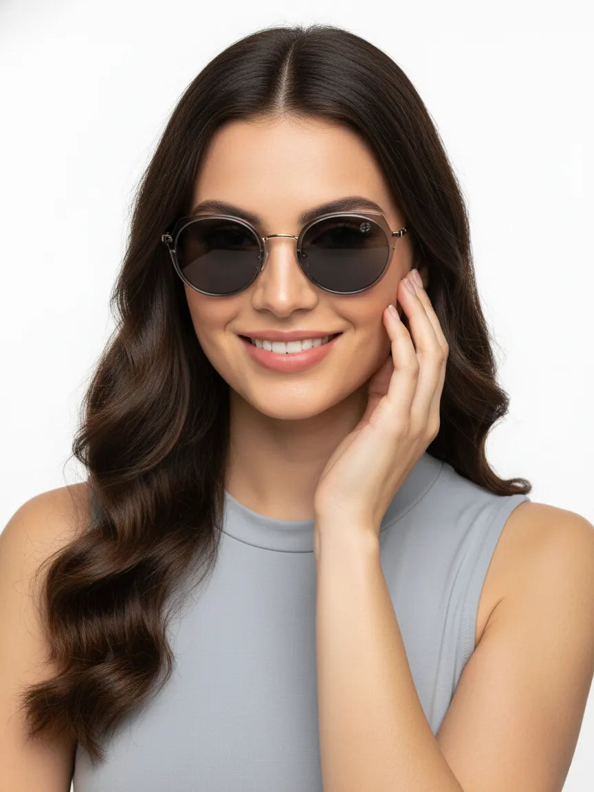 Photogrey | Grey & Golden Medium Full Rim Round Sunglasses for Men & Women [Photochromic]