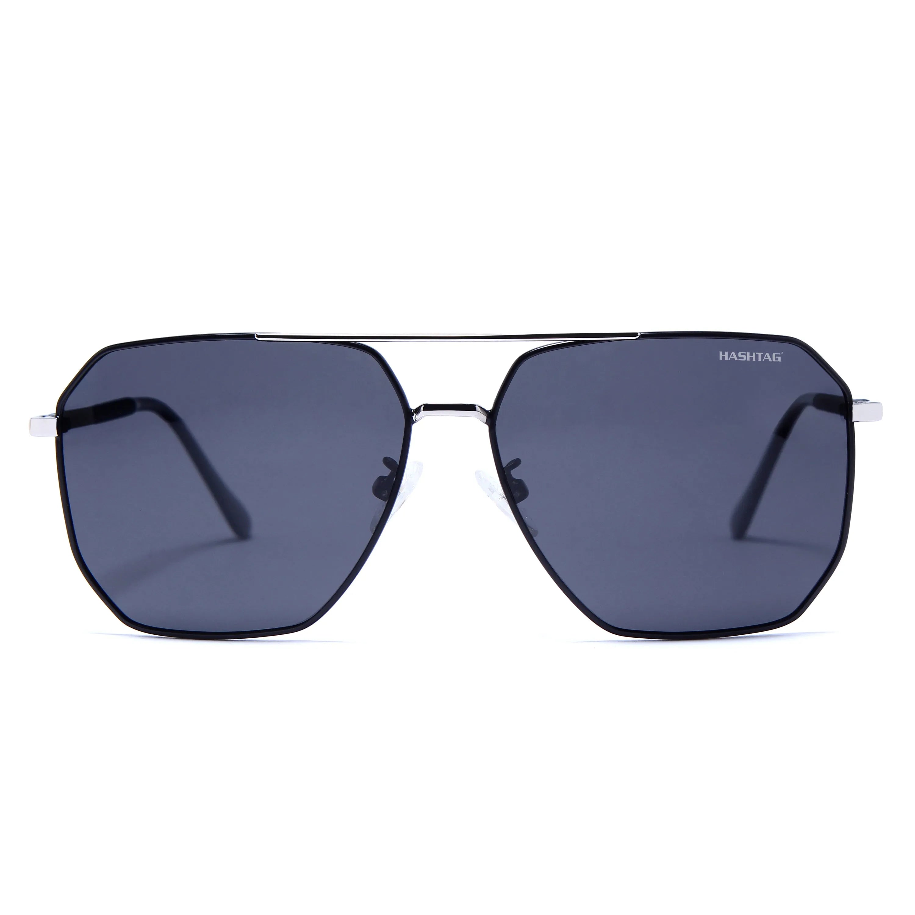 Lenis | Silver & Black Large Full Rim Haxagonal Sunglasses for Men & Women [Polarized]