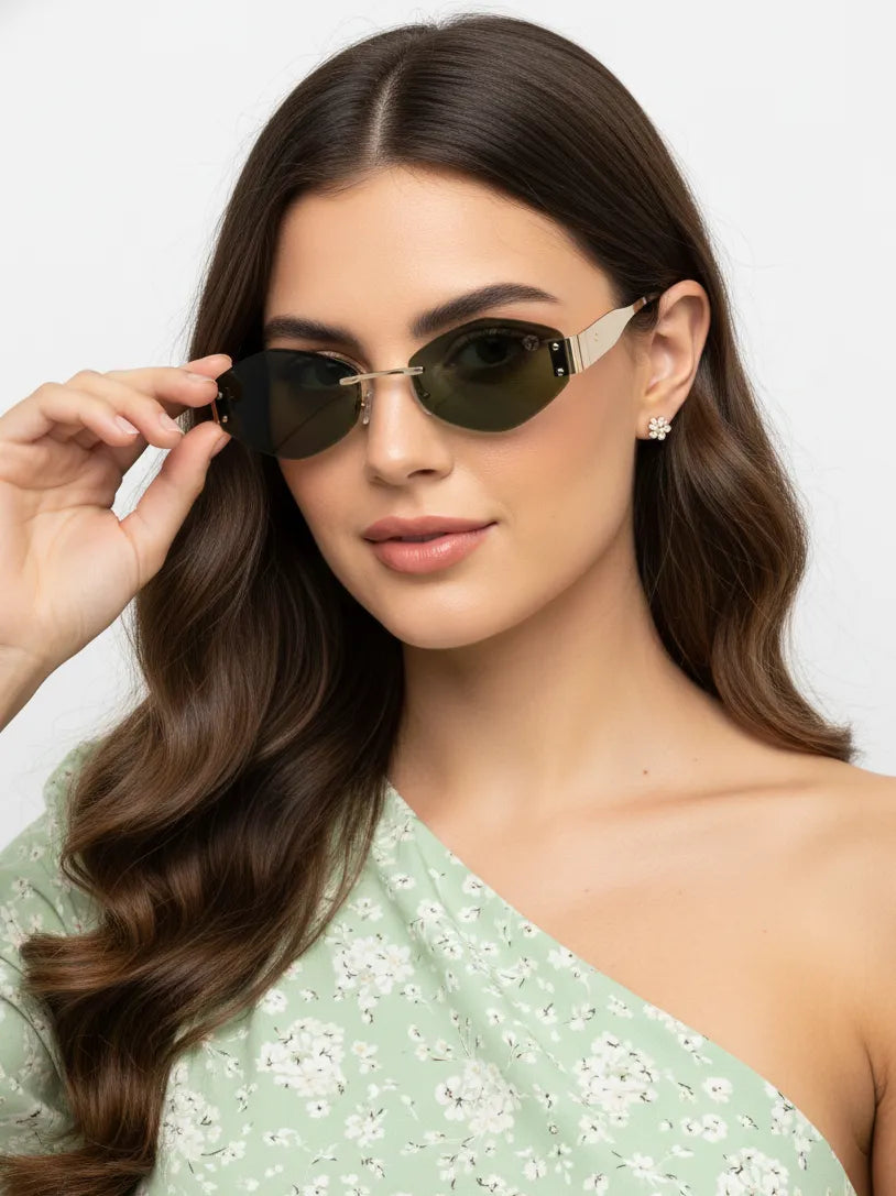 SEVA | Golden Green Medium Rim Less Diamond with Lock Side Hinges Sunglasses for Men & Women [UV-protected]
