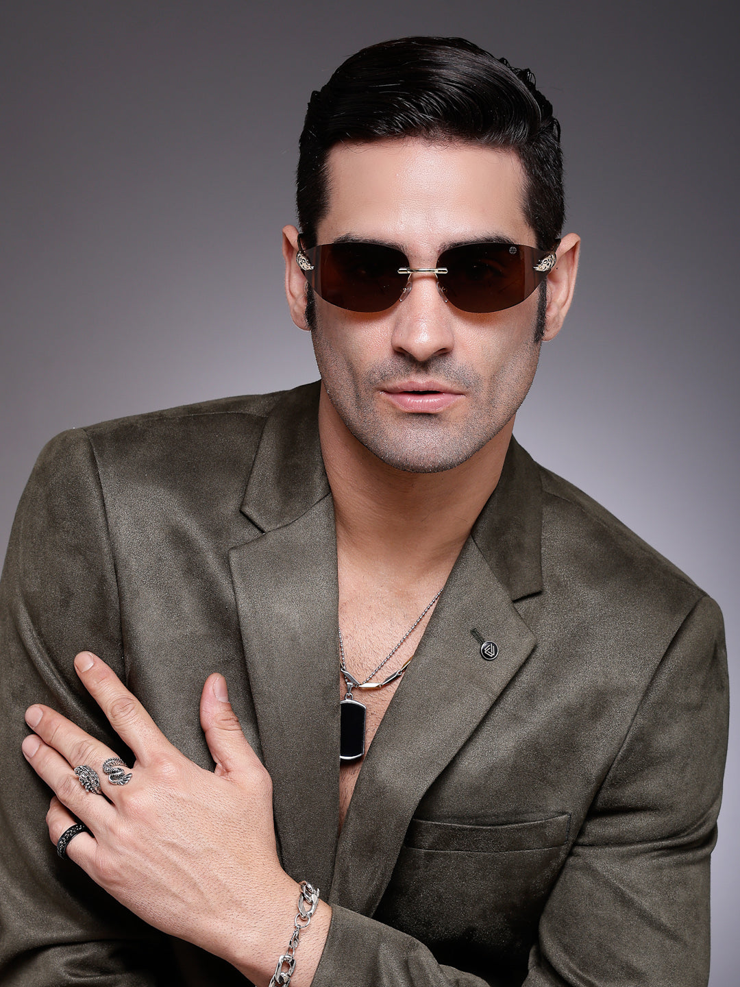 Valtrix | Brown Medium Rim Less Oval Sunglasses for Men [UV-protected]