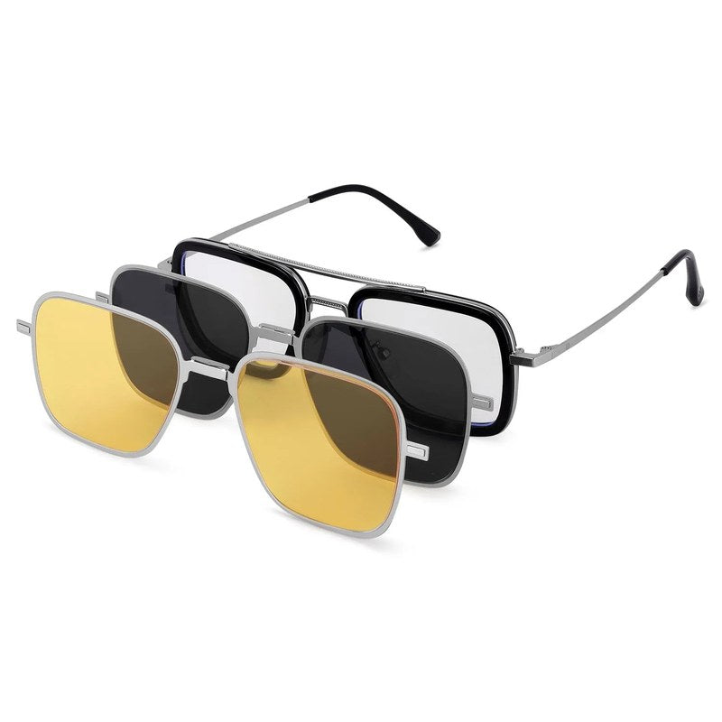 Novaic | Silver & Black Medium Full Rim Rectangle Clip-on for Men & Women [UV-protected]