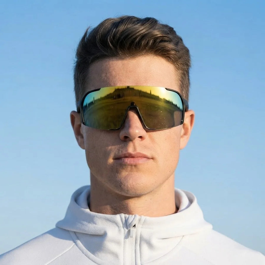 Swift | Black Large Full Rim Visor Sports Sunglasses for Men & Women [Mirrored]